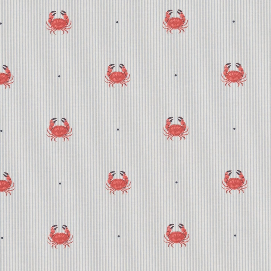 Pale striped PVC fabric with small coral crab motifs and tiny dark dots