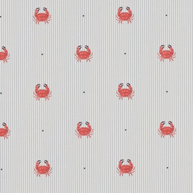 Pale striped PVC fabric with small coral crab motifs and tiny dark dots