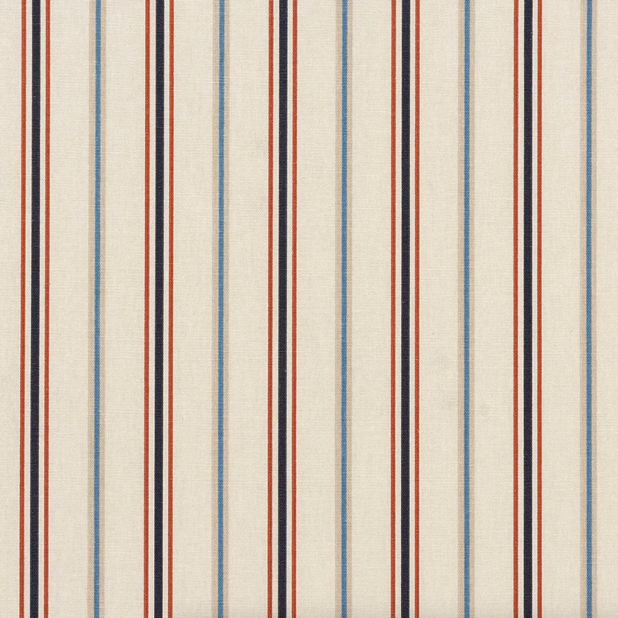 Cream striped PVC-coated fabric with narrow red, navy and blue vertical bands