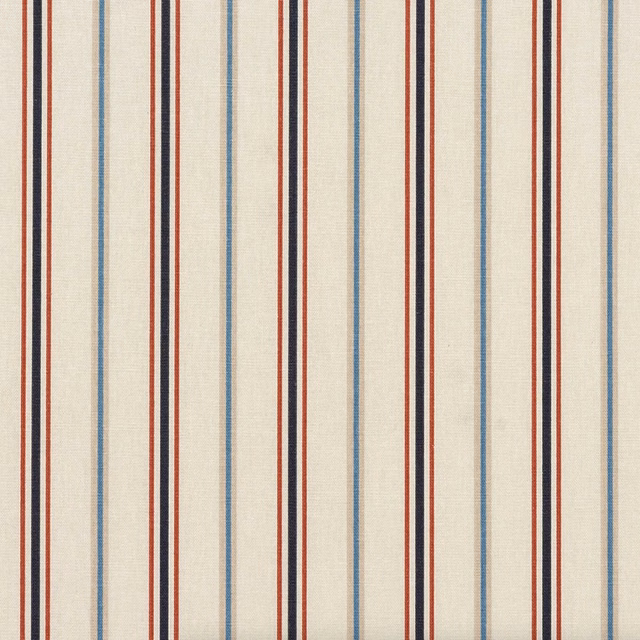 Cream striped PVC-coated fabric with narrow red, navy and blue vertical bands