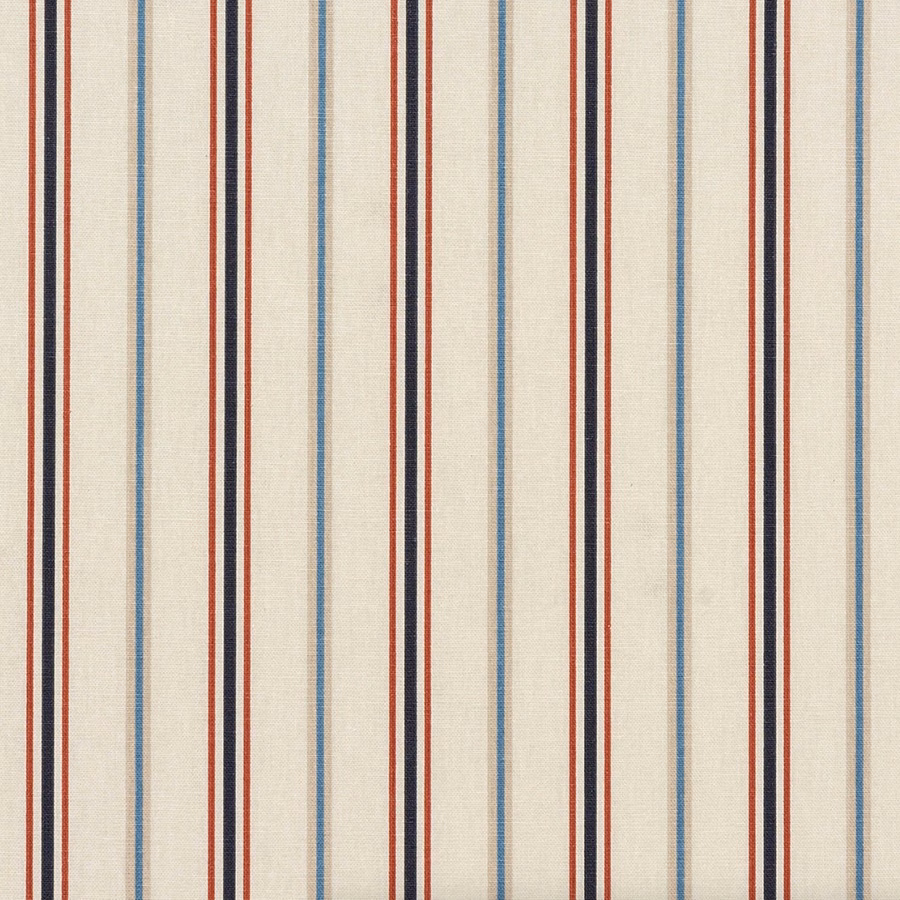 Vertical navy, red and pale blue stripes on a cream coated cotton swatch
