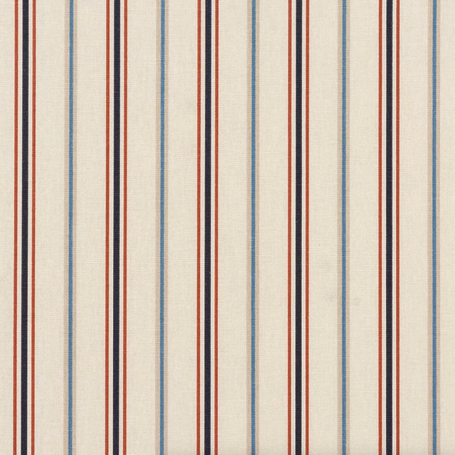 Vertical navy, red and pale blue stripes on a cream coated cotton swatch