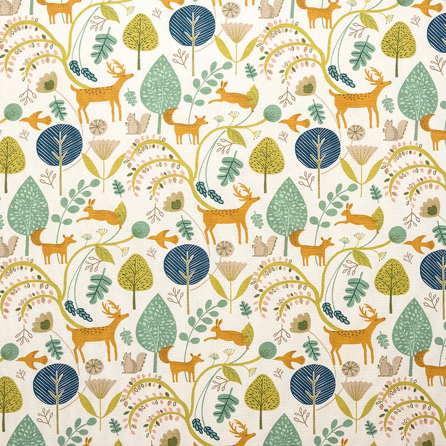 Scandi woodland print on cream with jade trees, mustard deer and teal accents