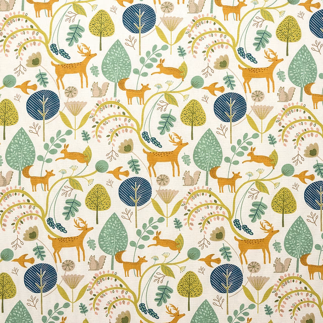 Scandi woodland print on cream with jade trees, mustard deer and teal accents