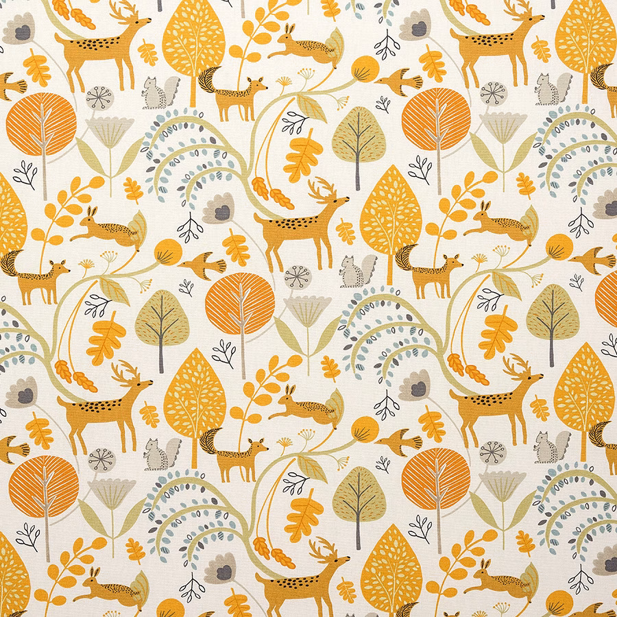 Ochre woodland animal print on a cream PVC-coated cotton fabric swatch
