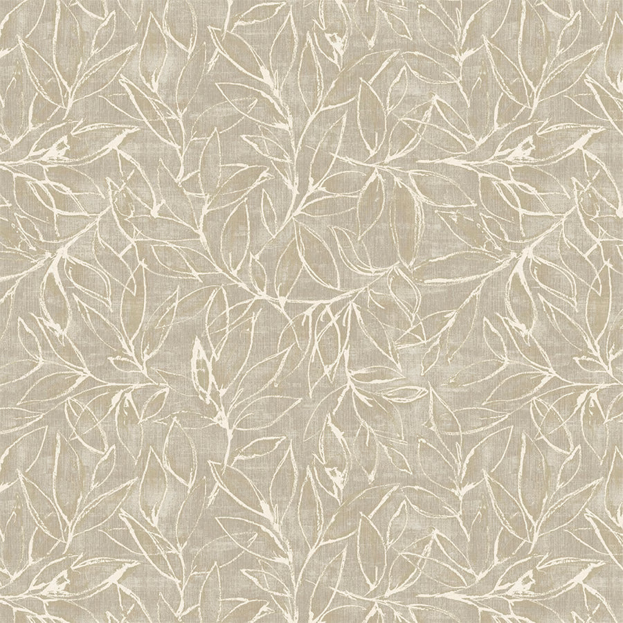 Pale natural leaf-pattern PVC-coated fabric with creamy outlines