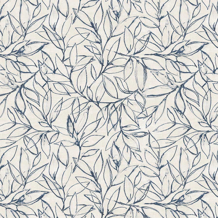 Cream PVC table cover with scattered navy botanical leaf outlines