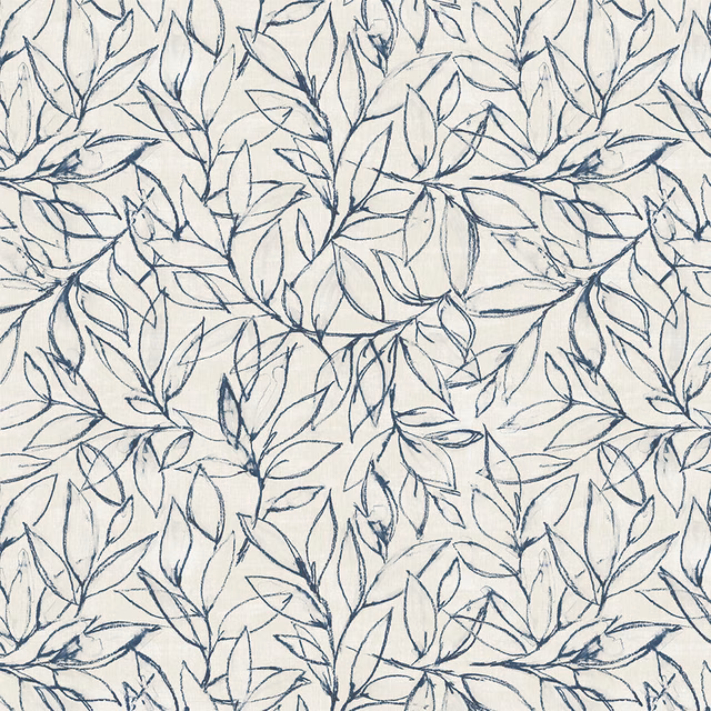 Cream PVC table cover with scattered navy botanical leaf outlines