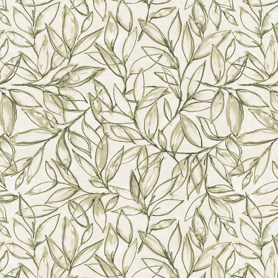 Sage green scattered leaf print on an ivory PVC-coated cotton background