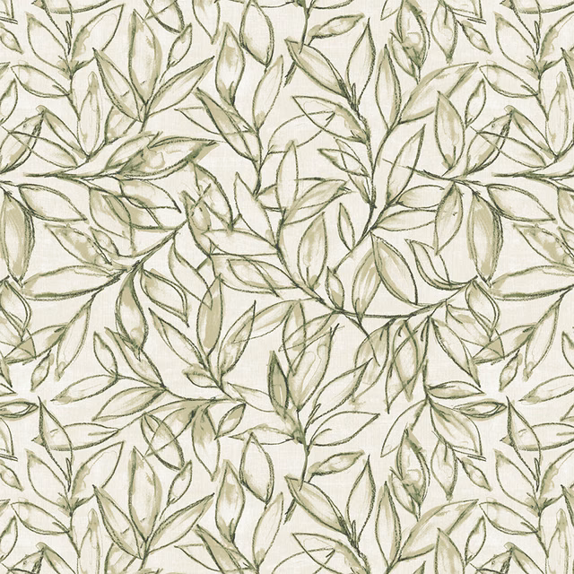 Sage green scattered leaf print on an ivory PVC-coated cotton background