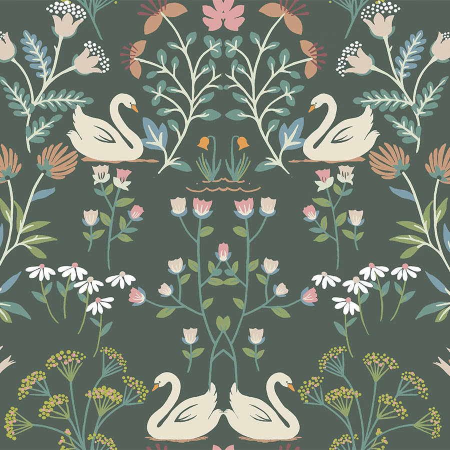 Muted sage green swan and floral print with cream birds and pastel garden motifs