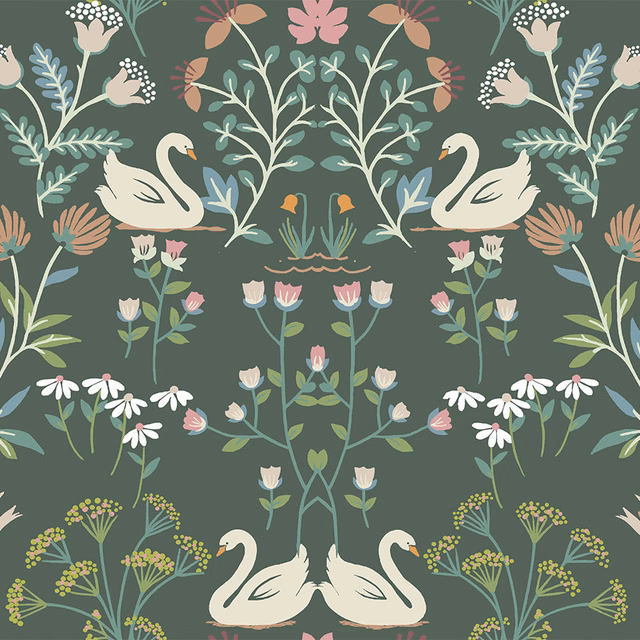 Muted sage green swan and floral print with cream birds and pastel garden motifs