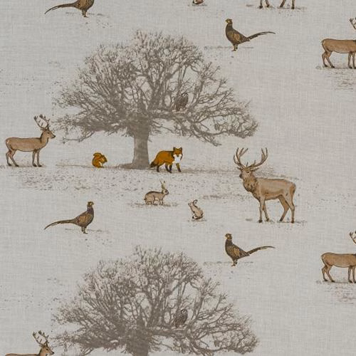 Printed woodland scene on warm beige PVC-coated fabric with deer, foxes and trees