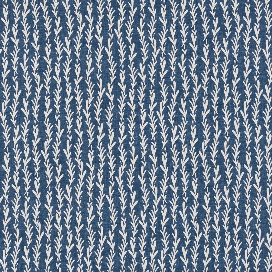 Blue PVC-coated fabric with cream leaf sprig stripe pattern