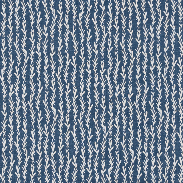 Blue PVC-coated fabric with cream leaf sprig stripe pattern