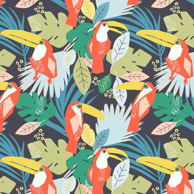 Dark tropical print with toucans, jungle leaves and charcoal ground