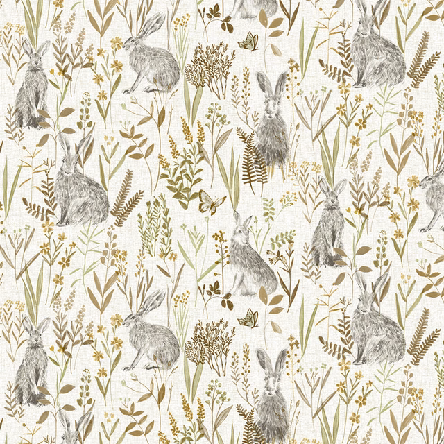 Woodland rabbit print on pale natural ground with muted olive and brown foliage