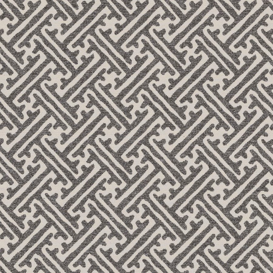 Charcoal geometric woven pattern on an ecru ground, small-scale and textured