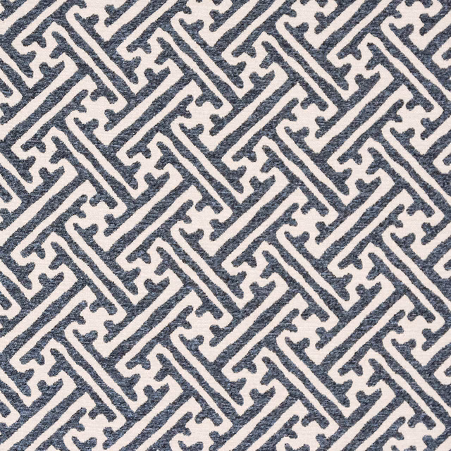 Blue and cream geometric fabric swatch with textured woven finish