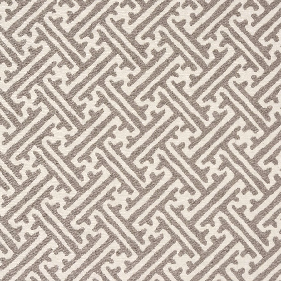 Soft dove-grey geometric woven fabric with a repeating diagonal lattice pattern