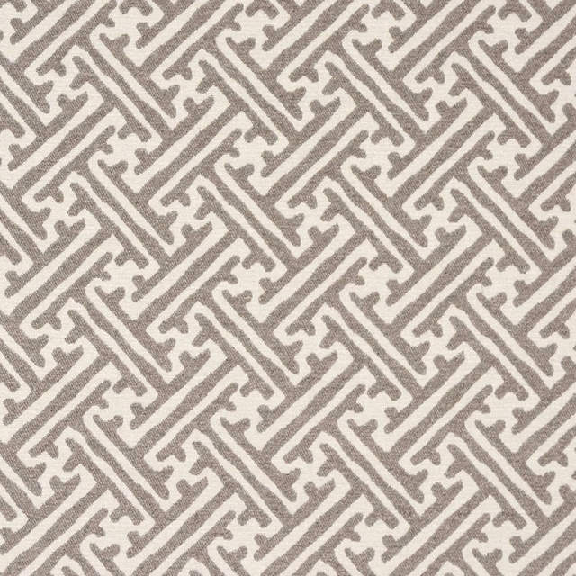 Soft dove-grey geometric woven fabric with a repeating diagonal lattice pattern