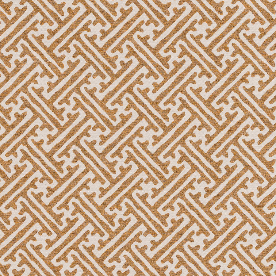 Ochre and ivory geometric woven fabric with a maze-like repeat