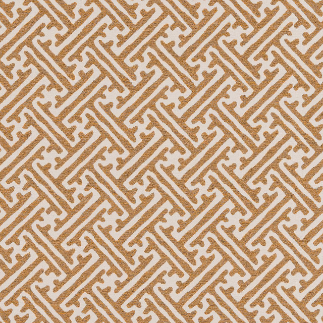 Ochre and ivory geometric woven fabric with a maze-like repeat