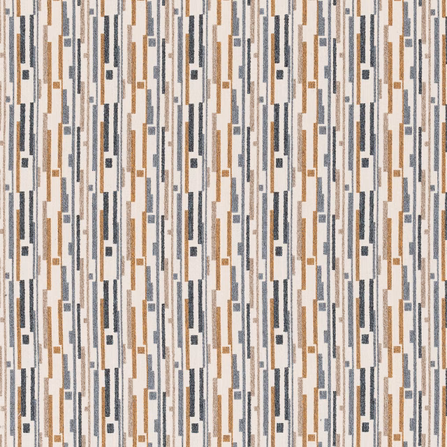 Ochre, slate and grey vertical geometric fabric swatch on a pale ground