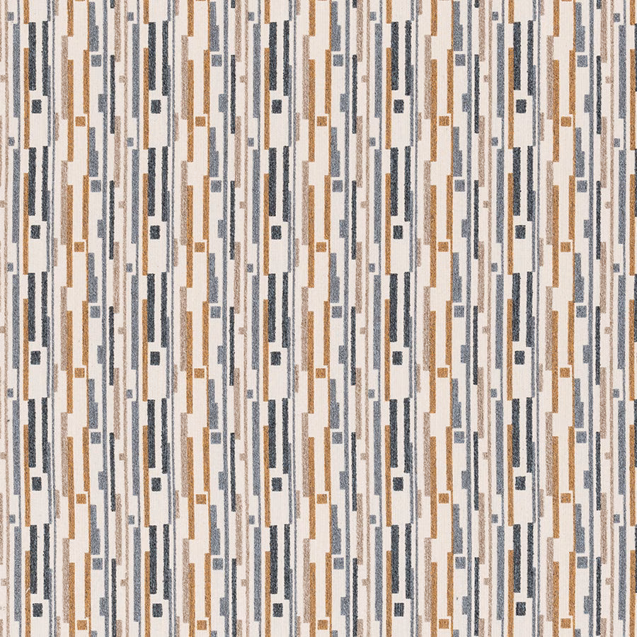 Cream geometric fabric with ochre, slate and charcoal vertical blocks