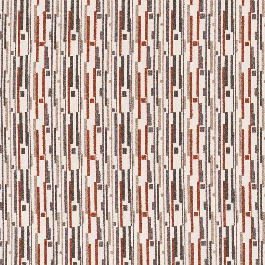 Geometric striped fabric swatch with terracotta, taupe and charcoal blocks on cream