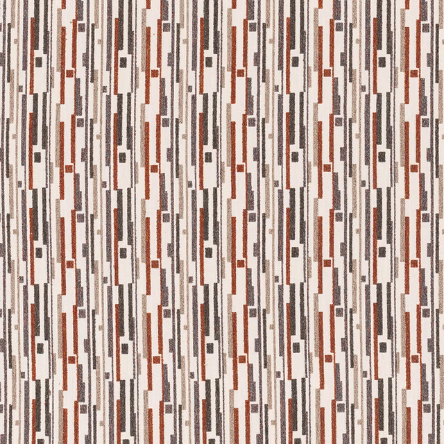 Geometric striped fabric swatch with terracotta, taupe and charcoal blocks on cream