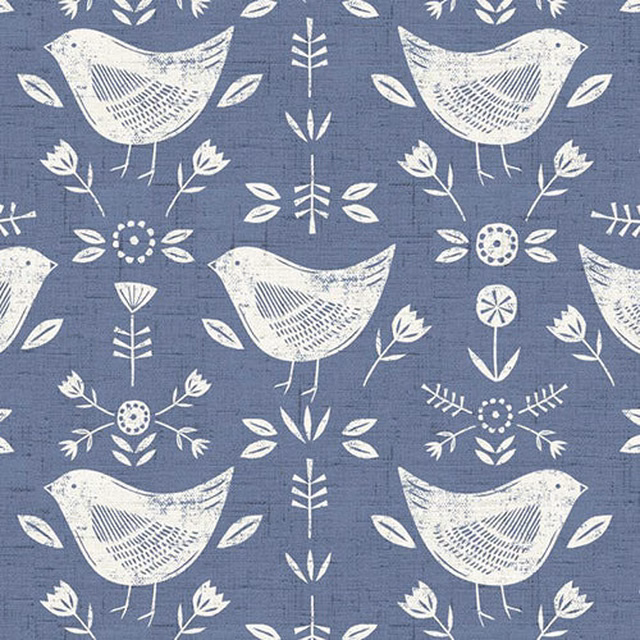 Blue cotton fabric with ivory birds, stems and small floral motifs