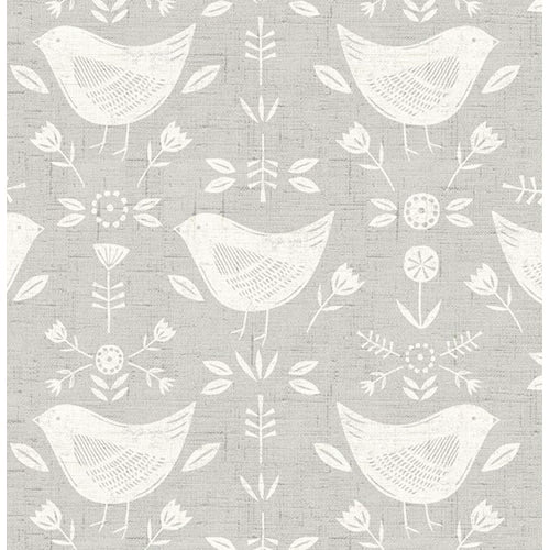 Soft grey cotton fabric with white bird and leaf repeat pattern