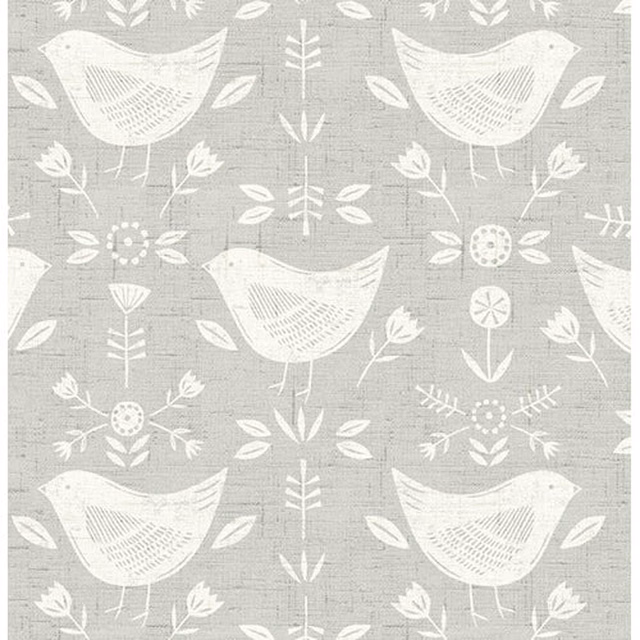 Soft grey cotton fabric with white bird and leaf repeat pattern