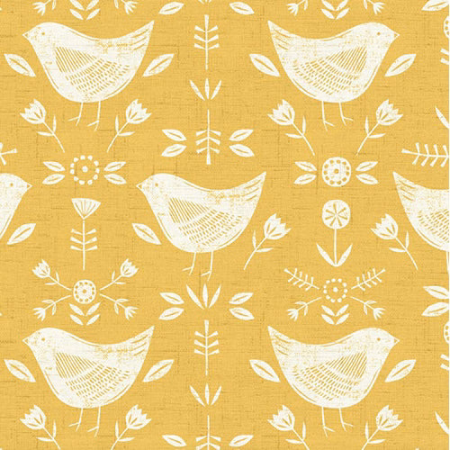 Ochre cotton fabric with ivory bird and leaf print, visible woven texture