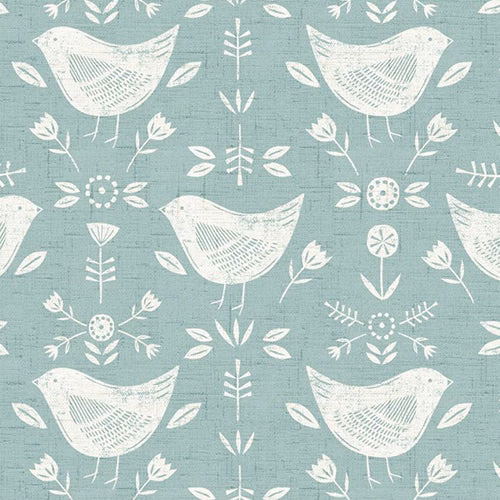 Seafoam cotton fabric with white birds and floral sprigs in a repeating folk print
