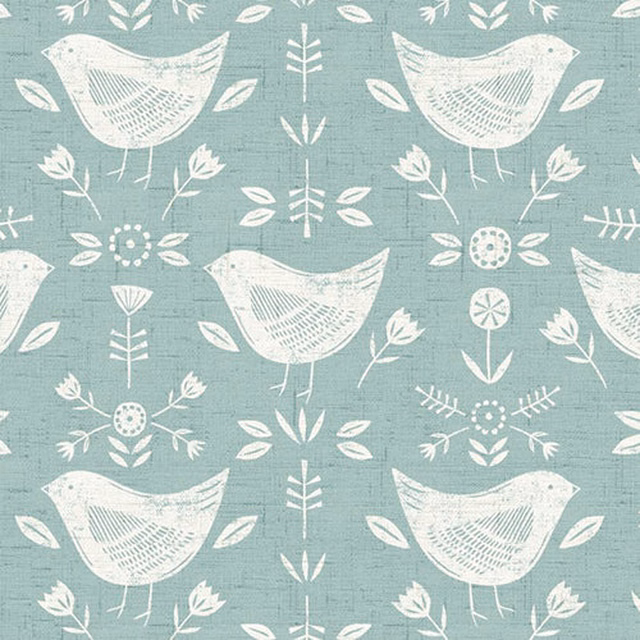 Seafoam cotton fabric with white birds and floral sprigs in a repeating folk print