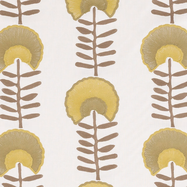 Pale ivory fabric with large yellow floral motifs and taupe stems