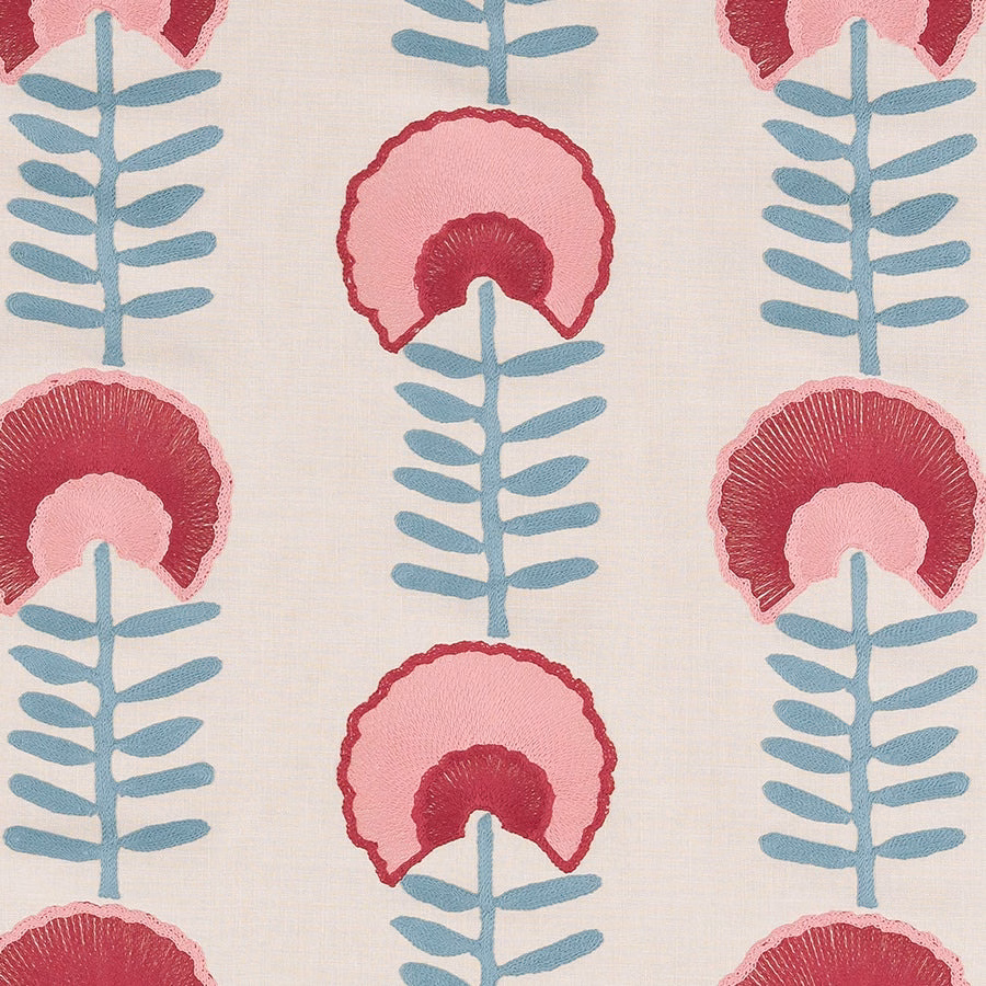 Large pink floral motif with aqua stems on an ivory woven ground