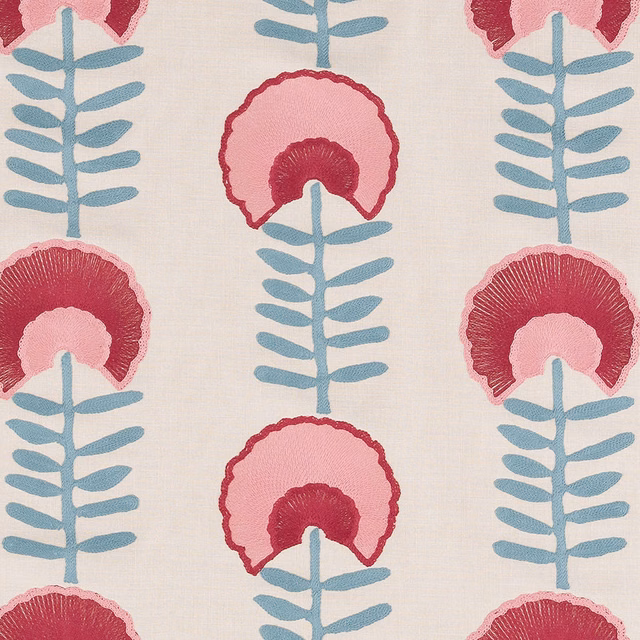 Large pink floral motif with aqua stems on an ivory woven ground