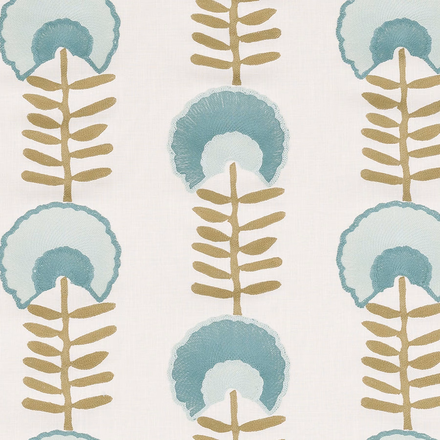 Seafoam teal floral motif with ochre stems on a pale ground
