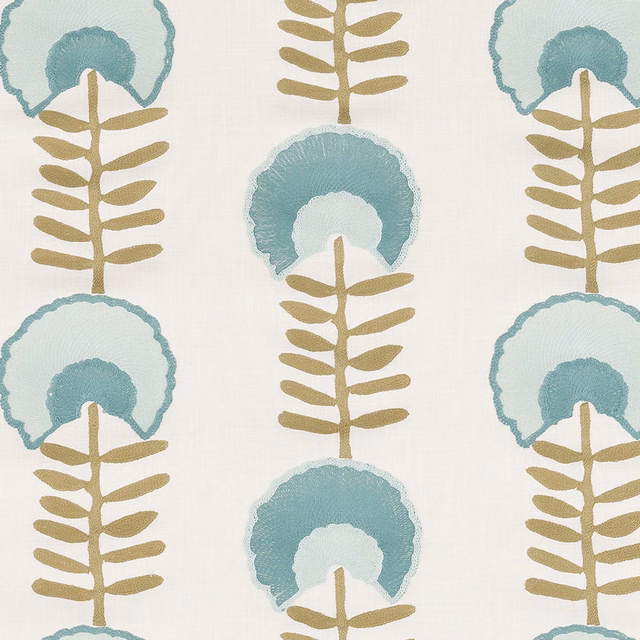 Seafoam teal floral motif with ochre stems on a pale ground