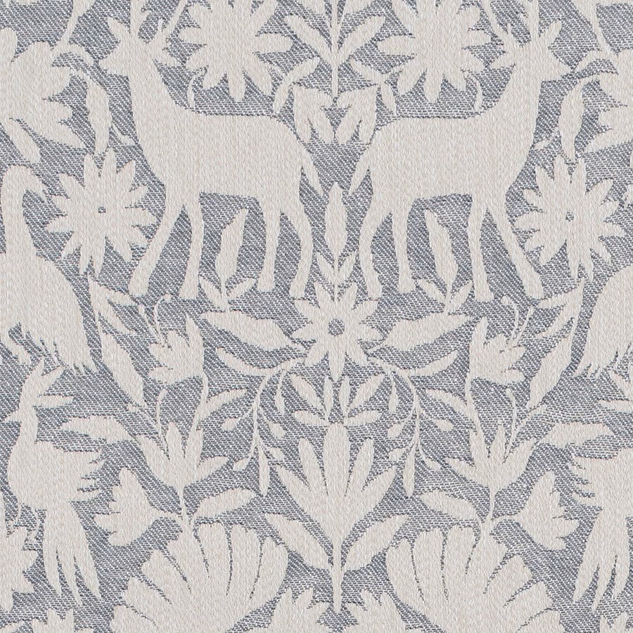 Pale cornflower blue woven fabric with large ivory floral wildlife pattern