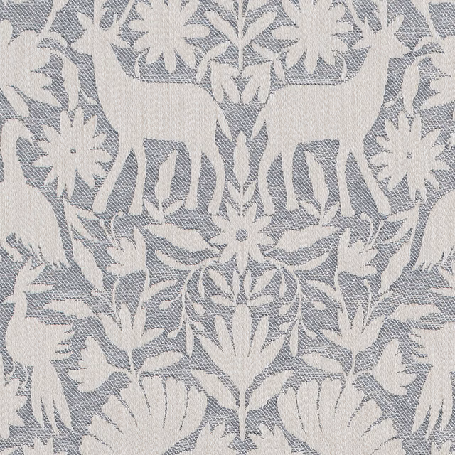 Pale cornflower blue woven fabric with large ivory floral wildlife pattern