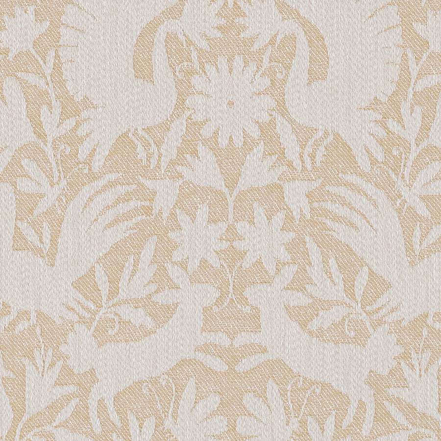 Pale ochre botanical leaf pattern on a cream woven fabric swatch