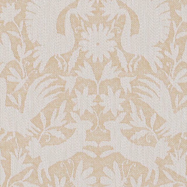 Pale ochre botanical leaf pattern on a cream woven fabric swatch