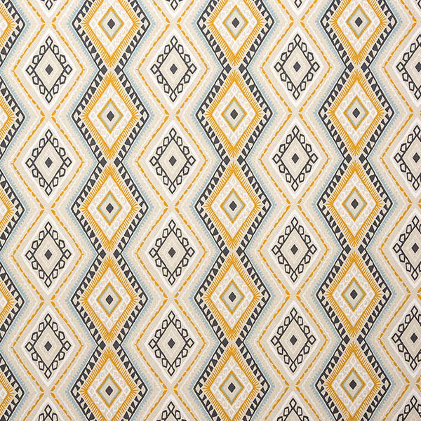 Diamond geometric cotton fabric in ochre, grey and cream on a pale ground