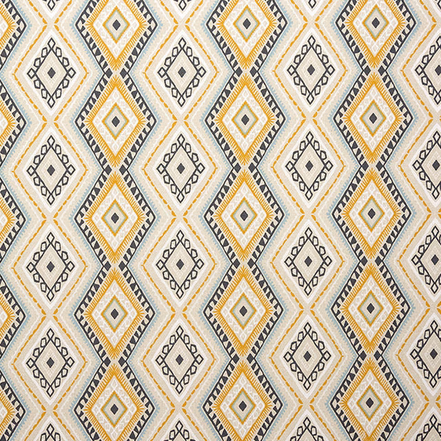 Diamond geometric cotton fabric in ochre, grey and cream on a pale ground