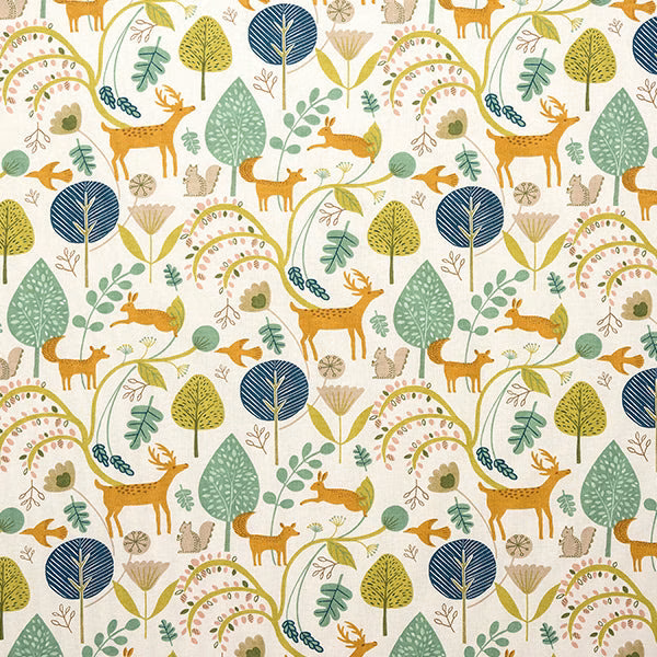 Scandi woodland print with deer, trees and foliage in jade green and navy