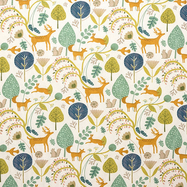 Scandi woodland print with deer, trees and foliage in jade green and navy